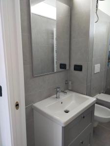 a bathroom with a sink and a toilet and a mirror at BILOCALE Villa Lara in Cesenatico