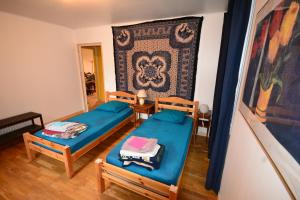 a room with two twin beds and a wall at Essentiel Barret in Barret-sur-Meouge