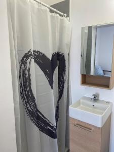 y baño con cortina de ducha y lavamanos. en LA MAISON D'ANTONIN 2 en Nimes