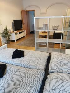 Sala de estar con 2 camas y TV en Gemütliche Ferienwohnung en Torgau