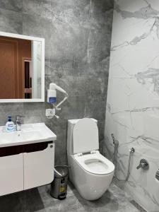 a bathroom with a toilet and a sink and a mirror at Seaside Luxury Apartment in Sumqayıt