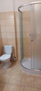 a bathroom with a toilet and a glass shower at Hotel Wanda in Kętrzyn
