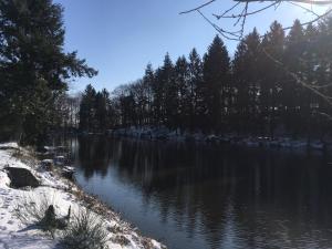 a body of water with snow on the shore at Inviting 2-Bed Cabin in DOMFRONT EN POIRAIE in Perrou