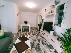 ein Wohnzimmer mit einer Couch, einem Fernseher und einem Tisch in der Unterkunft Apartamento Alhóndiga El Palo in Málaga