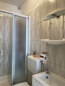 La salle de bains est pourvue d'une douche, de toilettes et d'un lavabo. dans l'établissement Guesthouse MM, à Dubrovnik