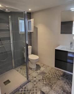 a bathroom with a toilet and a sink at Maison à Barbâtre pour 10 - 450m de la plage in Barbâtre +32 photos