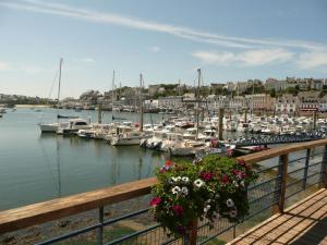 a marina with boats docked in a harbor with flowers at Holiday home near the sea, Audierne in Audierne