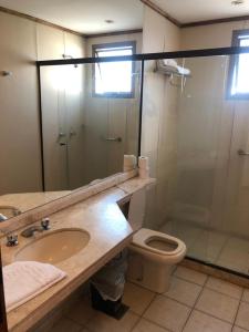 a bathroom with a sink and a toilet and a shower at Exclusividade e conforto na savassi in Belo Horizonte