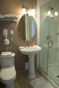 La salle de bains est pourvue de toilettes, d'un lavabo et d'une douche. dans l'établissement Inn on the Hudson, à Peekskill