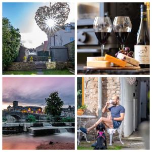 a collage of photos with a man and a dog and wine at Quirky Kendal Cottage in Kendal