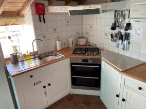 a small kitchen with a stove and a sink at Dolphin Cottage Lyme Regis in Lyme Regis