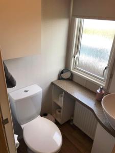 a bathroom with a white toilet and a sink at Flosh Caravan, Manor House Park in Mawbray