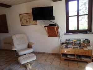 ein Wohnzimmer mit einem Stuhl und einem TV in der Unterkunft vakantiehuis Hunsrück in Leisel