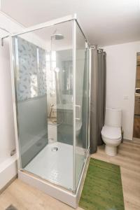 La salle de bains est pourvue d'une douche en verre et de toilettes. dans l'établissement NEW L'industr'ILL au cœur De l'Alsace, à Sélestat