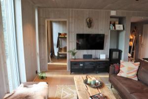 a living room with a couch and a tv at New and fresh apartement in Kvitfjell in Favang