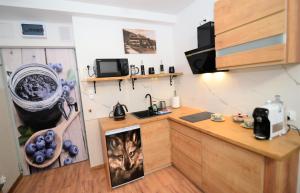 a kitchen with a counter with a dog on the wall at Apartament De Luxe Emily Karpacz in Karpacz