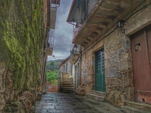 an alley with a green door on a stone building at Casiña da Madalena in Ribadavia