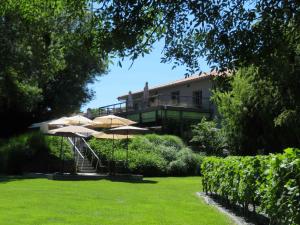 una casa con un prato con ombrelloni di La Maison de Riviere a Bourg-Charente
