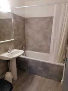 een badkamer met een wastafel, een bad en een douchegordijn bij Hôtel Le Verger in Saint Laurent Nouan