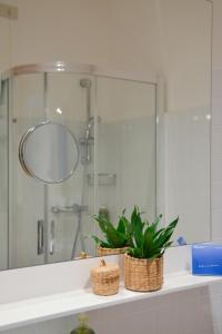 a bathroom with a mirror and a plant on a counter at Hotel Renania in Bibione