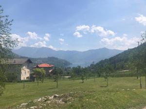 dom na polu z jeziorem w tle w obiekcie la farfalla di Susà w mieście Pergine Valsugana