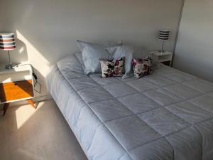 1 dormitorio con 1 cama grande con almohadas en Bizitza Ona Alojamiento Ramallo 3B en Ramallo