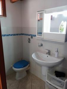 uma casa de banho com um WC azul e um lavatório. em Dhalia Appartamenti Trapani em Trapani