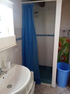 bagno con tenda doccia blu e lavandino di Dhalia Appartamenti Trapani a Trapani