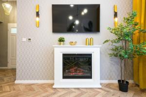 salon z kominkiem i telewizorem nad nim w obiekcie Glamorous Apartment Old Town Cracow w Krakowie