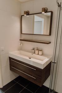 uma casa de banho com um lavatório e um espelho em B&B Oan't Wetter em Dokkum