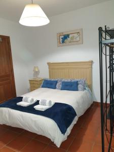 - une chambre avec un grand lit et des oreillers bleus dans l'établissement Apartamento La Rana, à Séville