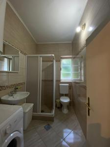 a bathroom with a shower and a toilet and a sink at Apartments Vido in Kotor +74 photos