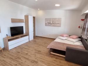 a living room with a bed and a flat screen tv at Apartments SKY in Brela