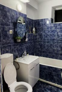 a bathroom with a toilet and a sink and a mirror at Central Apartament Mangalia in Mangalia