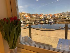 a window with a vase of red tulips and a harbor at Björkö SeaLodge in Björkö