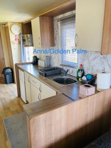 Golden Palm, 8 Berth Caravan في سكيجنيس: مطبخ مع حوض و كونتر توب