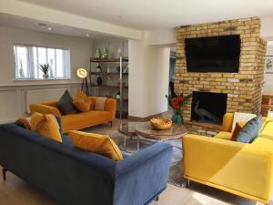 a living room with yellow and blue couches and a fireplace at Forest View in Coed Ely