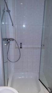 een badkamer met een douche, een wastafel en een toilet bij FeWo am Schlosspark Putbus in Putbus