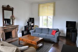 a living room with a couch and a fireplace at Villa Château Gontier in Château-Gontier