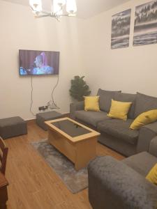 uma sala de estar com um sofá e uma televisão em Lovely 2 and 1 bedroom guest units Karen em Nairobi