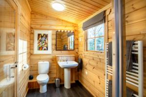 uma casa de banho com um WC branco e um lavatório. em Willowbank Lodges em Oare