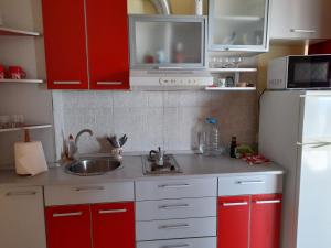a kitchen with red cabinets and a sink and a refrigerator at Nasty Apartament in Costinesti
