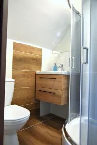 a bathroom with a toilet and a sink and a shower at Orle Gniazdo in Władysławowo