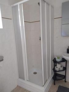 W łazience znajduje się kabina prysznicowa i umywalka. w obiekcie Apartmán 10 w mieście Županovice