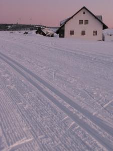 a snow covered field with a building in the background at Apartmány Fox in Boží Dar