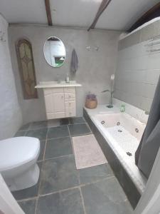 a bathroom with a toilet and a tub and a sink at Casa da Floresta entre Paraty e Ubatuba in Ubatuba