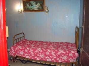 een blauwe kamer met een bed met een rode omslag bij Chalet appartement in Lille