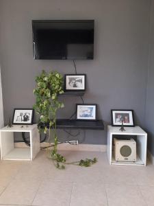 a living room with a tv and three pictures on the wall at FINCA NOVA Apartment 6 in Balcarce