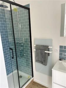 een badkamer met een douche met blauwe tegels bij Ponsardin #55 spacieux appartement 3 ch 6 couchages in Reims