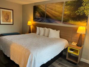 a hotel room with a bed and a painting on the wall at Days Inn & Suites by Wyndham Dayton North in Dayton